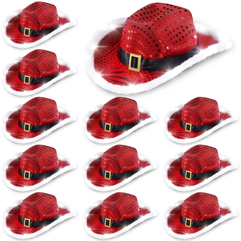 1014 12 Pieces Light Up Santa Claus Cowboy Hats Set, LED Christmas Cowgirl